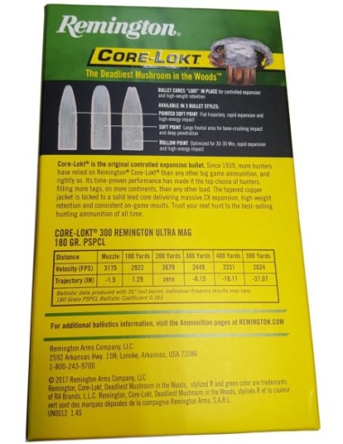 Munición metálica REMINGTON CORE-LOKT - 300 RUM - 180 grains