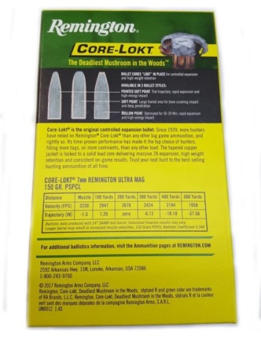 Munición metálica REMINGTON CORE-LOKT - 7 RUM - 150 grains